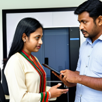 **A dynamic negotiation scene:** A confident individual, recently promoted to manager, skillfully negotiates a deal with an international supplier (perhaps in Bangladesh), using data on a tablet to demonstrate cost savings. The setting is a modern office, emphasizing a successful and profitable international trade agreement. The style should be vibrant and professional.