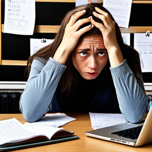 Home 19 **Image:** A person sitting at a desk, surrounded by textbooks and notes, looking stressed but determined. There's a half-empty coffee cup and a laptop displaying a Business English exam question. The style should be slightly humorous, emphasizing the "imposter syndrome" feeling. Include subtle details like Post-it notes with vocabulary words in English.