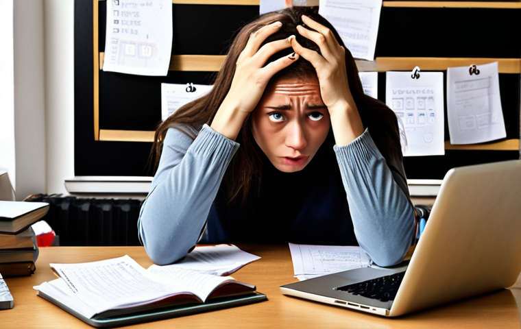 **Image:** A person sitting at a desk, surrounded by textbooks and notes, looking stressed but determined. There's a half-empty coffee cup and a laptop displaying a Business English exam question. The style should be slightly humorous, emphasizing the "imposter syndrome" feeling. Include subtle details like Post-it notes with vocabulary words in English.