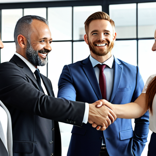 Home 18 **
"Confident business professional in a modern office setting, shaking hands with a diverse international team. Emphasize a bright, optimistic atmosphere, reflecting successful global collaboration and the importance of English communication."
**