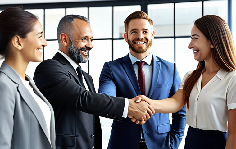 **
"Confident business professional in a modern office setting, shaking hands with a diverse international team. Emphasize a bright, optimistic atmosphere, reflecting successful global collaboration and the importance of English communication."
**