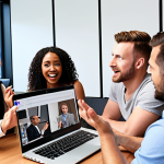 **

"A diverse group of people participating in a lively English business meeting. Show them in a modern office setting, some using laptops, others gesturing while speaking. The atmosphere should be collaborative and energetic."

**
