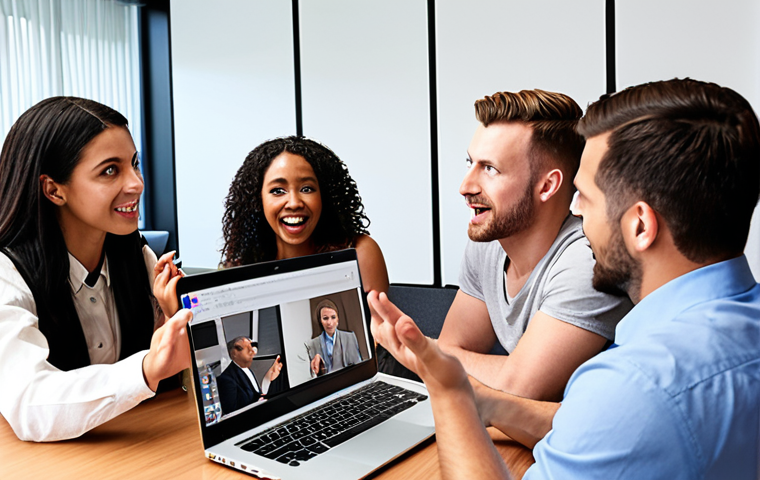 **
"A diverse group of people participating in a lively English business meeting. Show them in a modern office setting, some using laptops, others gesturing while speaking. The atmosphere should be collaborative and energetic."
**