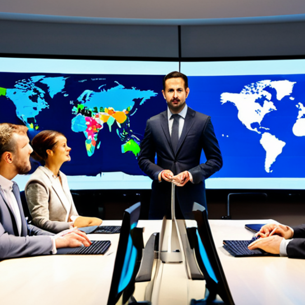 A diverse group of business professionals, including male and female individuals, engaged in a global video conference in a modern, brightly lit conference room. They are fully clothed in modest business suits and professional dress, seated around a sleek table, with large screens displaying international business charts and digital connections in the background. The atmosphere is collaborative and focused, with natural poses and appropriate content. This is a professional photography shot, captured with high resolution and sharp detail, showcasing perfect anatomy, correct proportions, well-formed hands, and proper finger count. safe for work, appropriate attire, family-friendly.