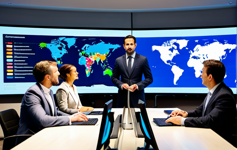 A diverse group of business professionals, including male and female individuals, engaged in a global video conference in a modern, brightly lit conference room. They are fully clothed in modest business suits and professional dress, seated around a sleek table, with large screens displaying international business charts and digital connections in the background. The atmosphere is collaborative and focused, with natural poses and appropriate content. This is a professional photography shot, captured with high resolution and sharp detail, showcasing perfect anatomy, correct proportions, well-formed hands, and proper finger count. safe for work, appropriate attire, family-friendly.