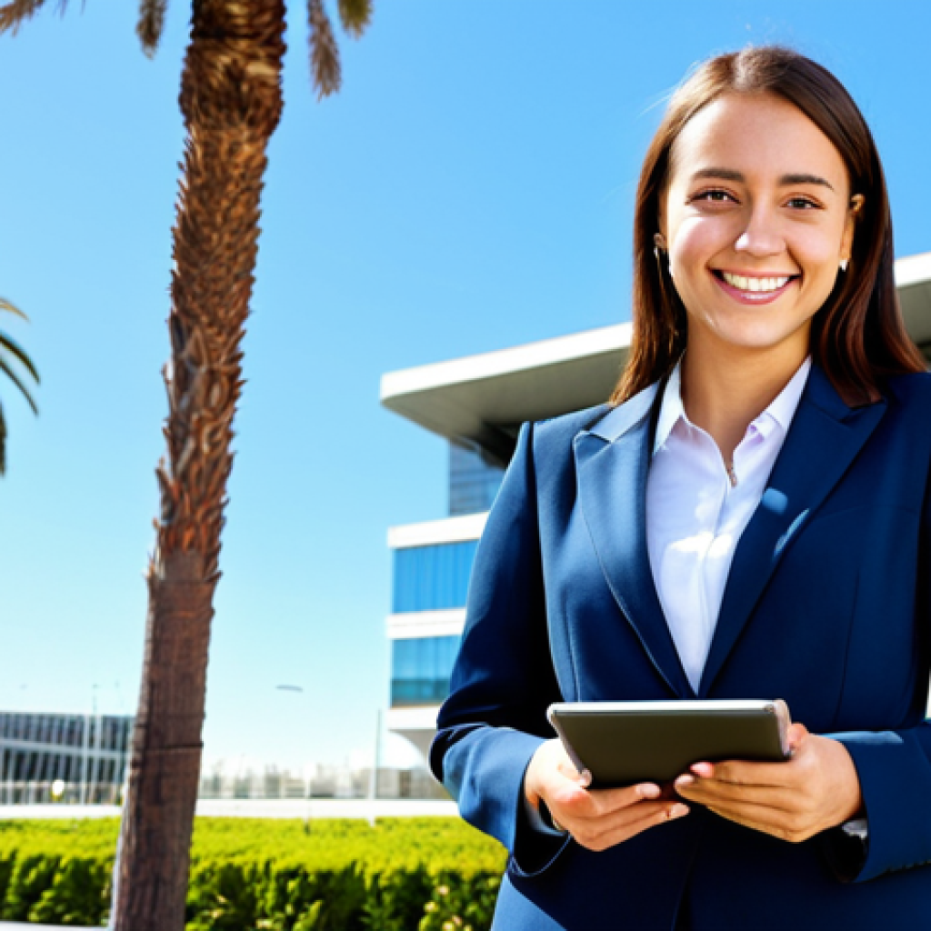 **
A young professional woman in a tailored, modest business suit, standing confidently in front of a modern office building in Madrid, Spain. She is holding a tablet and smiling slightly. The background includes palm trees and a clear blue sky. Fully clothed, appropriate attire, safe for work, perfect anatomy, natural proportions, professional photography, high quality. Family-friendly.
**