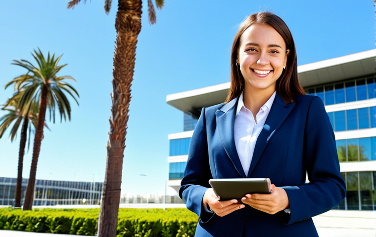 **
A young professional woman in a tailored, modest business suit, standing confidently in front of a modern office building in Madrid, Spain. She is holding a tablet and smiling slightly. The background includes palm trees and a clear blue sky. Fully clothed, appropriate attire, safe for work, perfect anatomy, natural proportions, professional photography, high quality. Family-friendly.
**