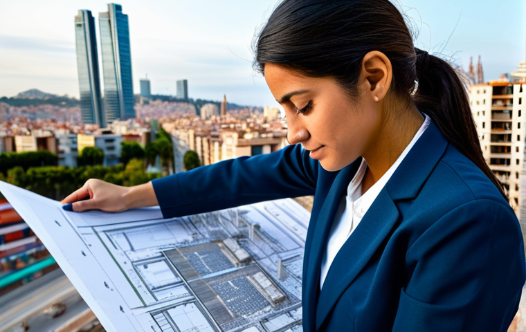 ** A professional Latina architect, fully clothed in modest business attire (blazer and slacks), is reviewing blueprints on a construction site in Barcelona. The background shows modern buildings under construction and the city skyline. Safe for work, appropriate content, perfect anatomy, well-formed hands, natural proportions, professional photography, family-friendly.
**