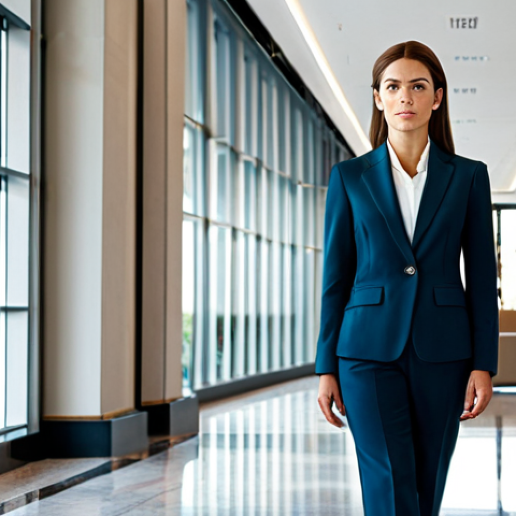 **
"A confident businesswoman in a tailored business suit, standing in a bustling Madrid office building lobby, fully clothed, appropriate attire, safe for work, perfect anatomy, natural proportions, professional photograph, modern style, high quality, modest."
**