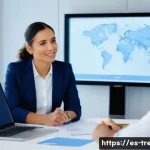 무역영어 자격증과 무역 관련 법률 학습 - A modern business meeting scene in a bright, professional office setting with diverse Spanish-speaki...