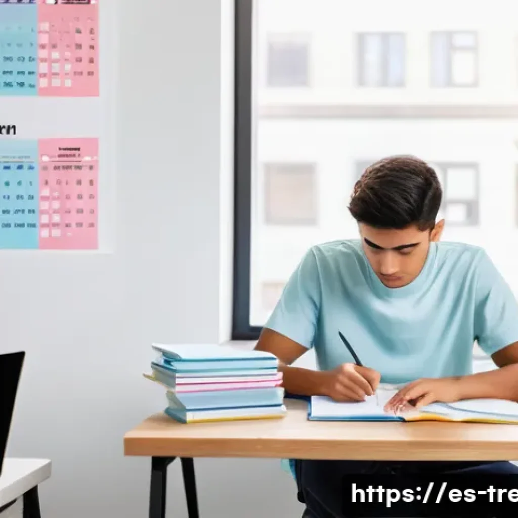 무역영어 필기시험의 시간 관리와 준비법 - A modern study room with a young adult Hispanic student sitting at a tidy desk, using a laptop and s...