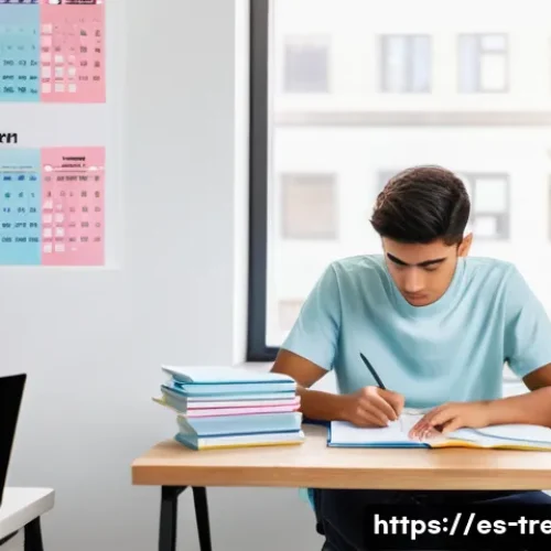 무역영어 필기시험의 시간 관리와 준비법 - A modern study room with a young adult Hispanic student sitting at a tidy desk, using a laptop and s...