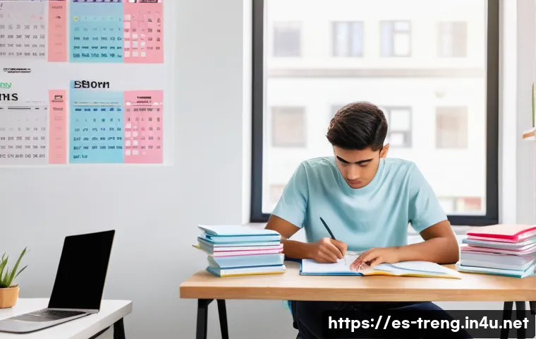 무역영어 필기시험의 시간 관리와 준비법 - A modern study room with a young adult Hispanic student sitting at a tidy desk, using a laptop and s...