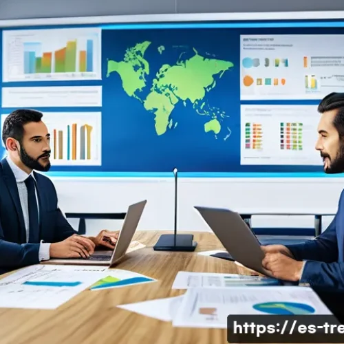 무역영어 실기시험 대비에서 중요한 포인트 - A professional business setting showing a diverse group of Spanish-speaking professionals in a moder...