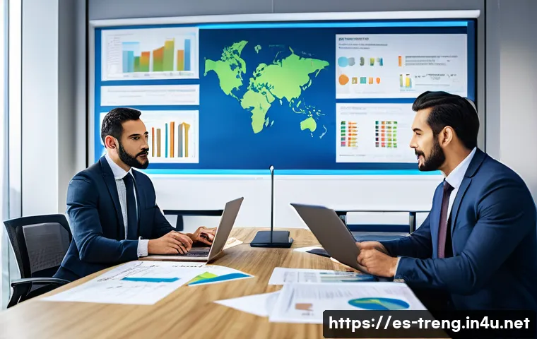 무역영어 실기시험 대비에서 중요한 포인트 - A professional business setting showing a diverse group of Spanish-speaking professionals in a moder...