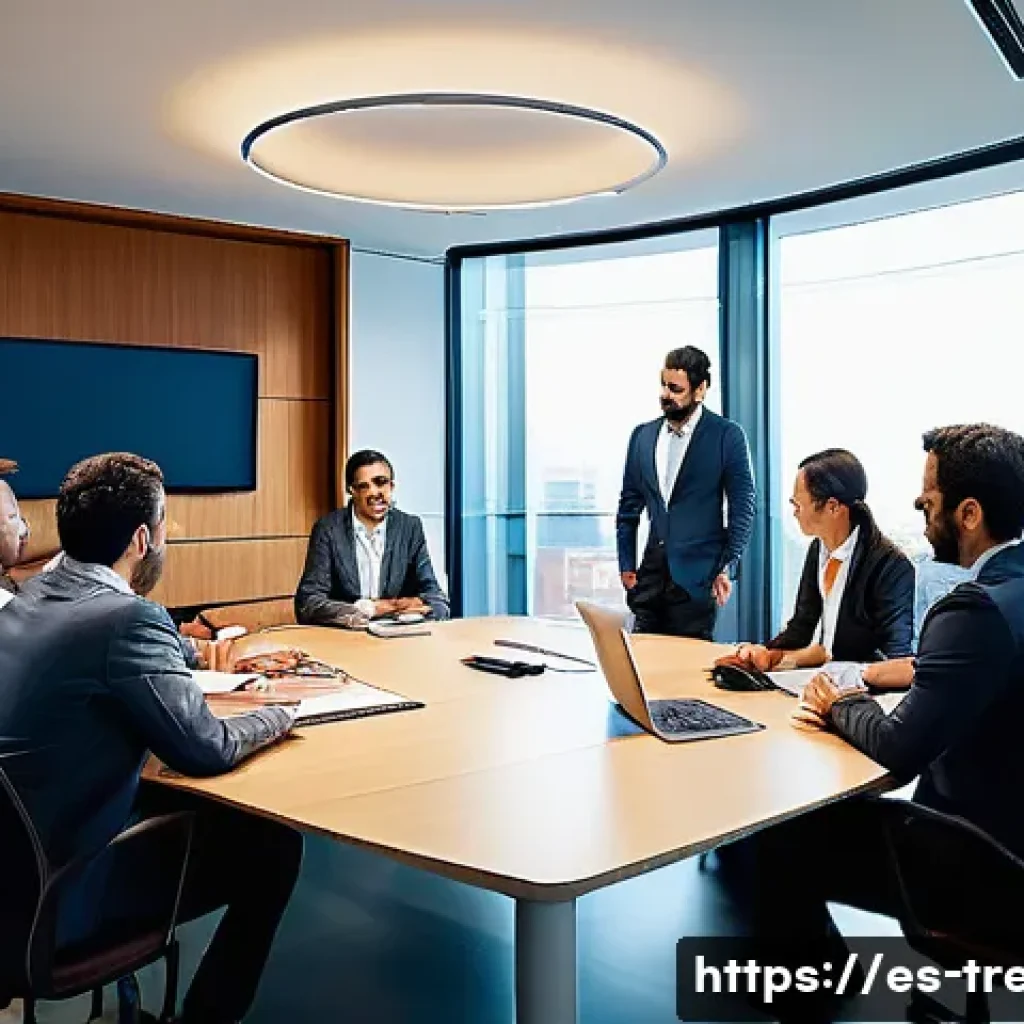 무역영어 학습의 효율성을 높이는 비법 - A modern office environment where a diverse group of Spanish-speaking business professionals are eng...