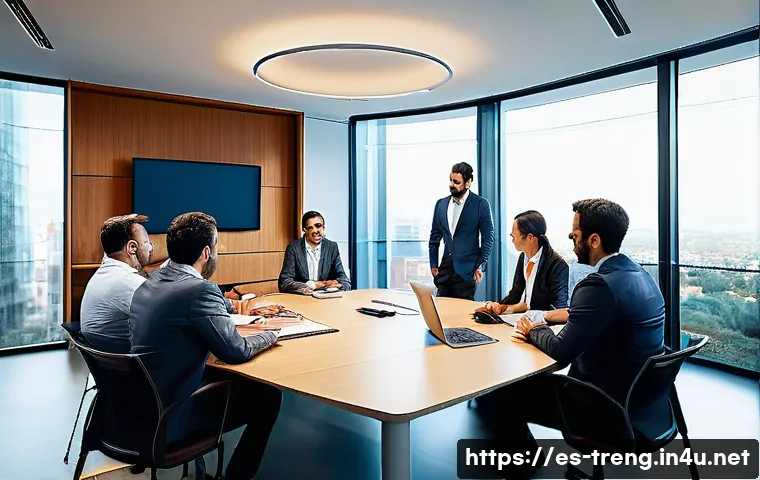 무역영어 학습의 효율성을 높이는 비법 - A modern office environment where a diverse group of Spanish-speaking business professionals are eng...