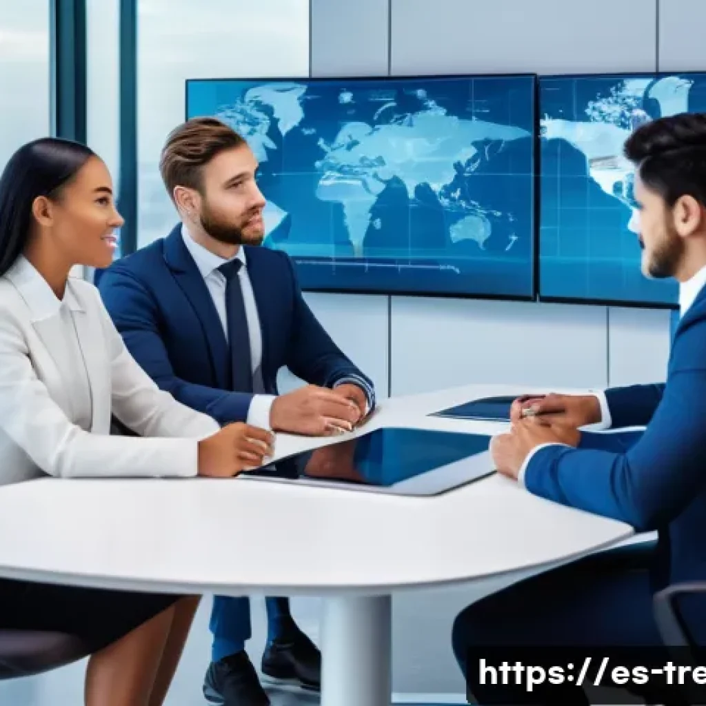 무역영어와 IT 기술의 융합 - A modern international business meeting scene showing diverse professionals in formal attire interac...