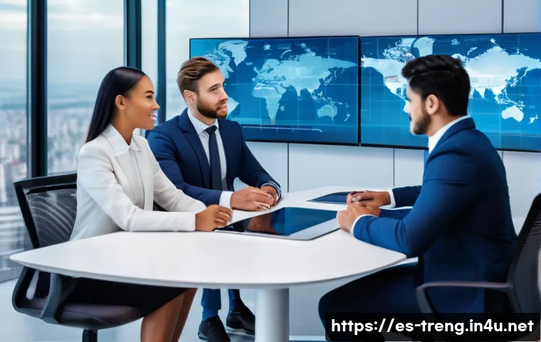 무역영어와 IT 기술의 융합 - A modern international business meeting scene showing diverse professionals in formal attire interac...