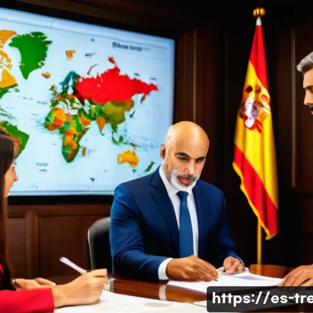 무역영어 실기시험 준비의 핵심 포인트 - A professional office scene showing a diverse group of Spanish-speaking businesspeople in modern for...