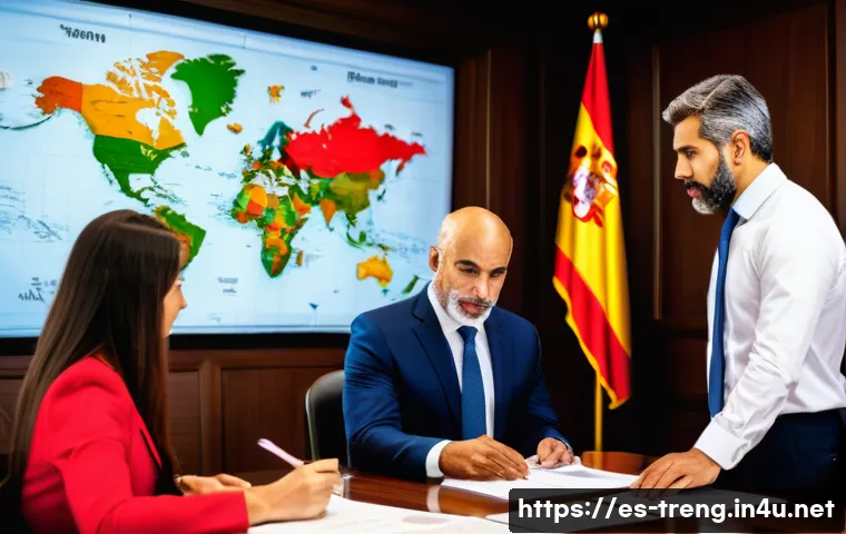 무역영어 실기시험 준비의 핵심 포인트 - A professional office scene showing a diverse group of Spanish-speaking businesspeople in modern for...