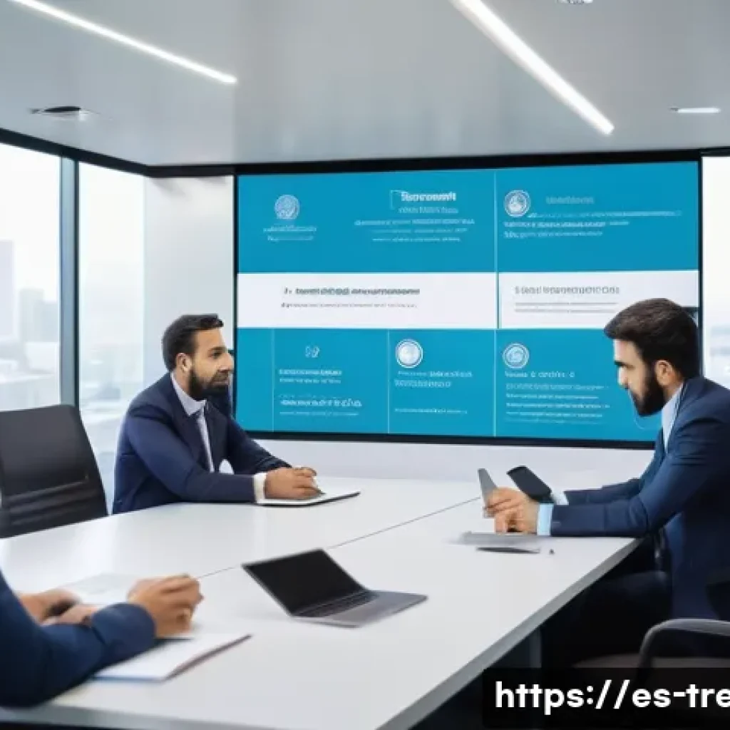무역영어 실무 사례 - A modern international business meeting scene featuring diverse professionals from Spain and Latin A...