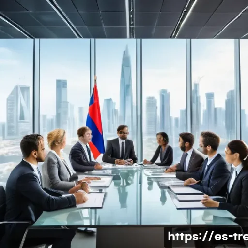 무역영어 자격증 취득 후 경력 발전 - A professional international business meeting scene with diverse multicultural participants negotiat...