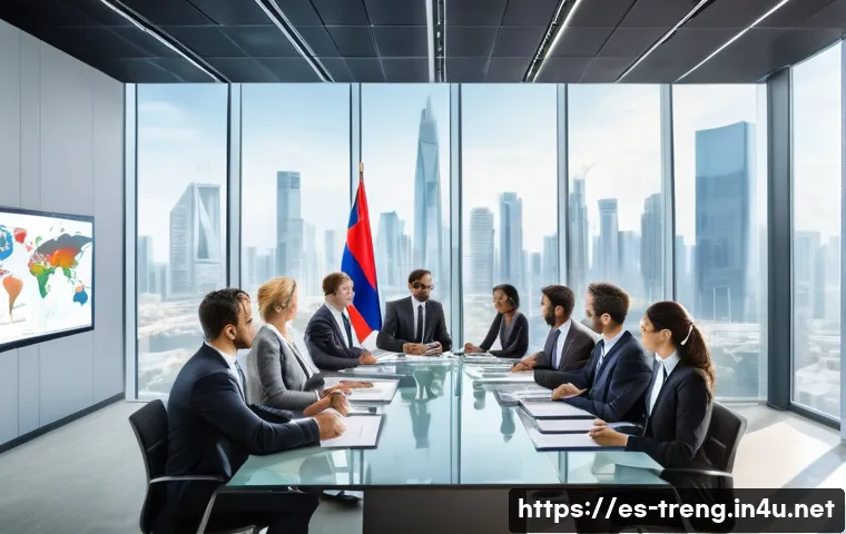 무역영어 자격증 취득 후 경력 발전 - A professional international business meeting scene with diverse multicultural participants negotiat...