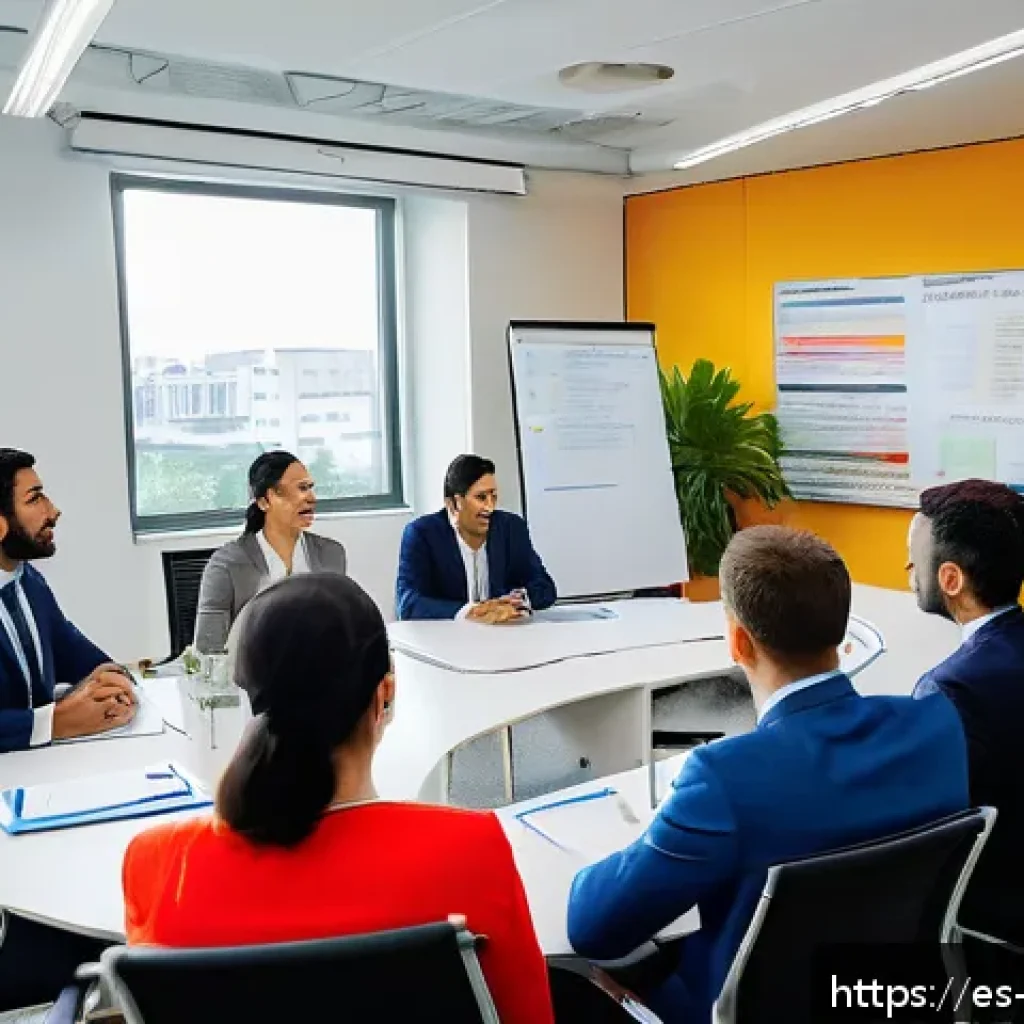 무역영어 학습에서 필수적으로 알아야 할 점 - A professional business meeting scene in a modern office, featuring diverse Hispanic businesspeople ...