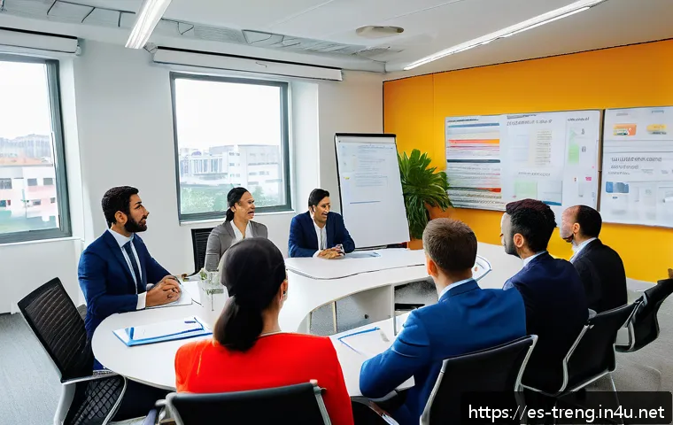 무역영어 학습에서 필수적으로 알아야 할 점 - A professional business meeting scene in a modern office, featuring diverse Hispanic businesspeople ...