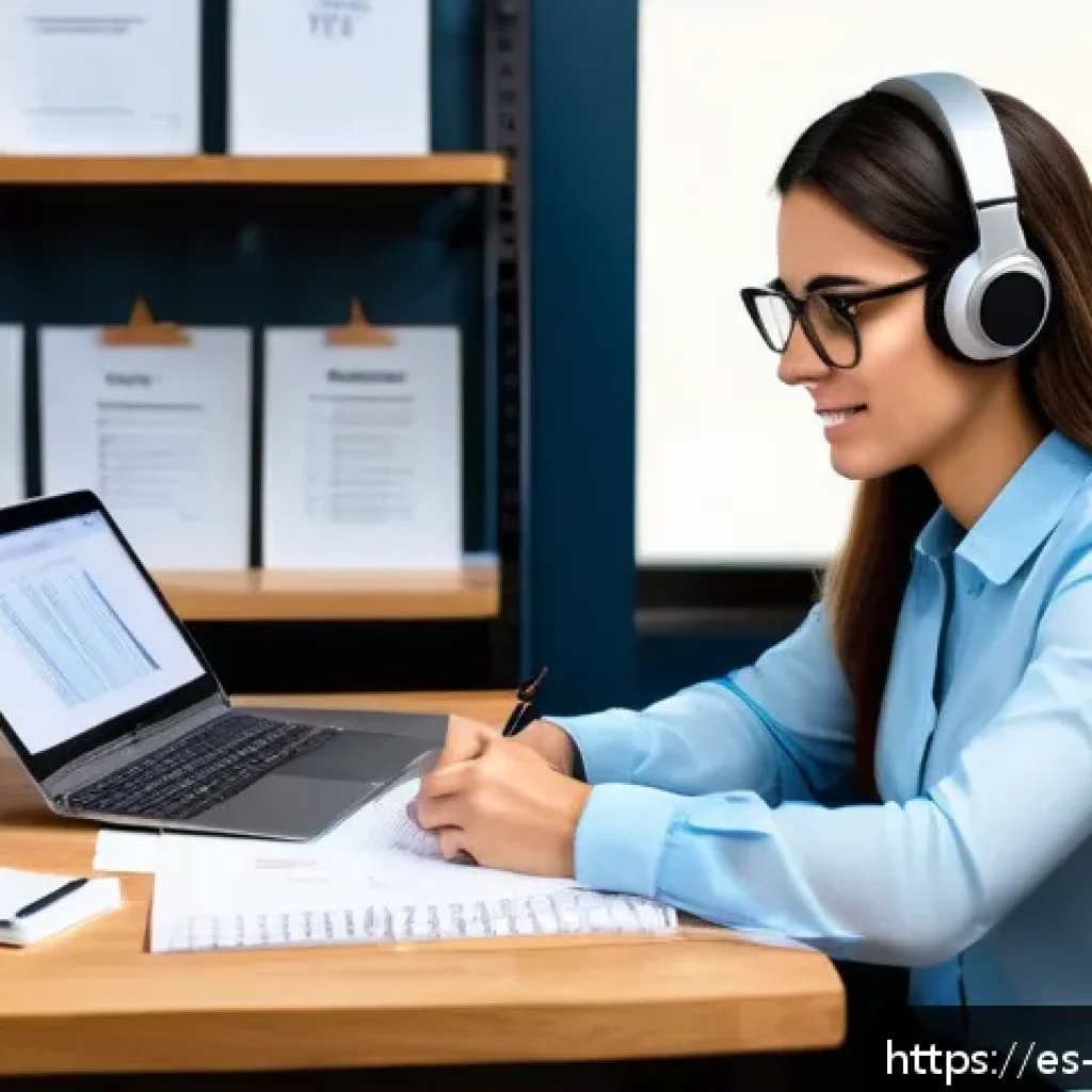 무역영어 실기시험 대비 자료 선택과 활용 - A modern study room scene featuring a young Spanish-speaking professional woman preparing for a busi...