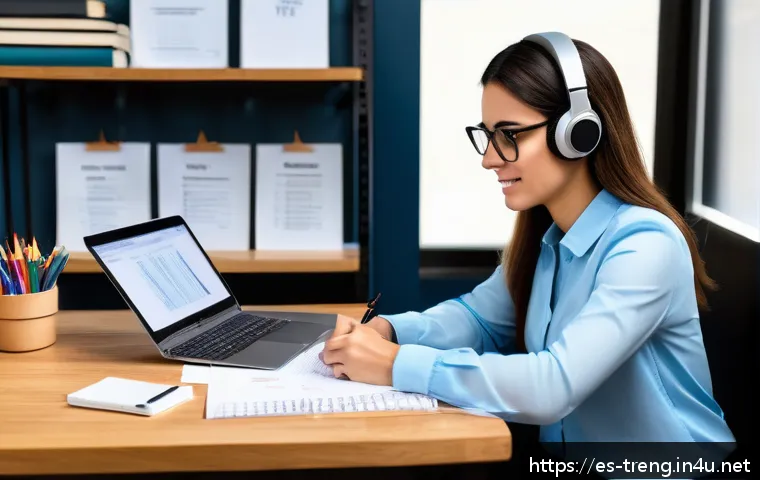 무역영어 실기시험 대비 자료 선택과 활용 - A modern study room scene featuring a young Spanish-speaking professional woman preparing for a busi...