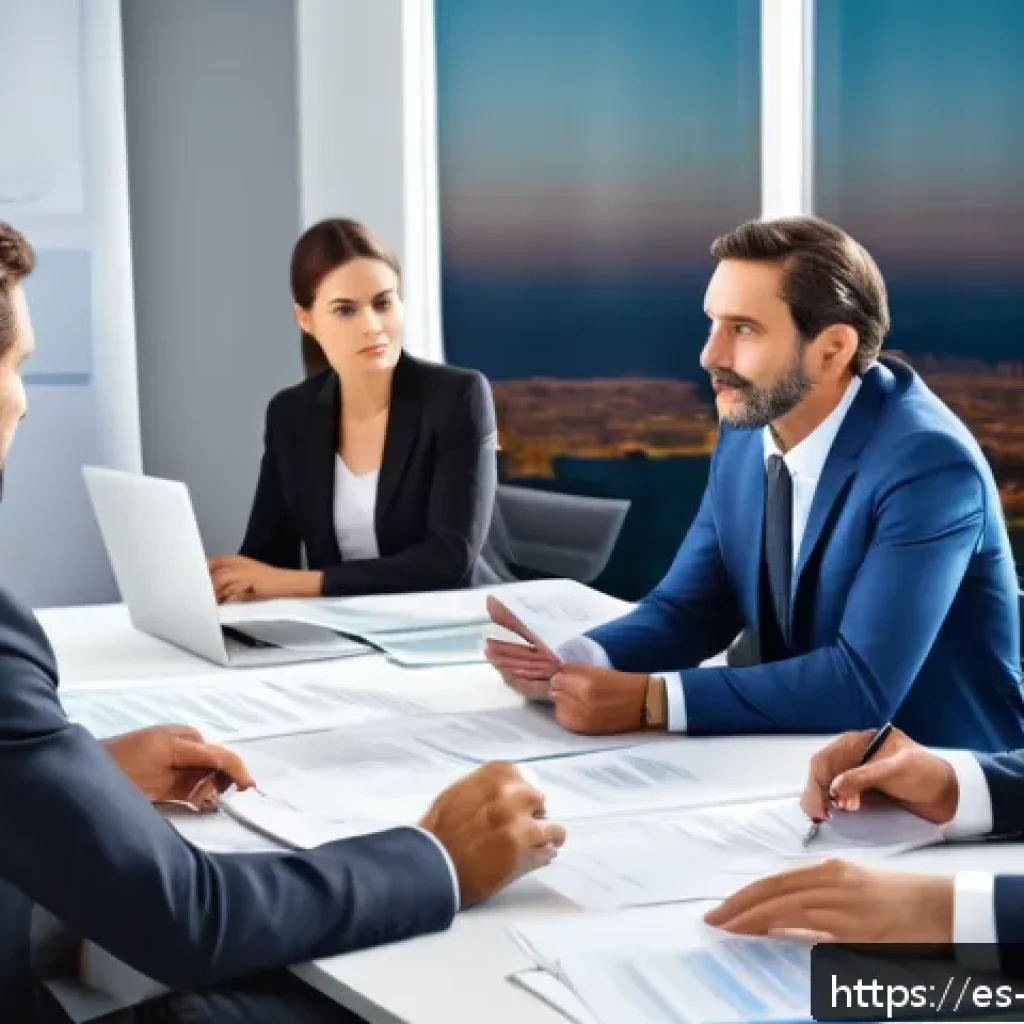 무역영어를 배우는 대학생을 위한 조언 - A professional business meeting scene in a modern Spanish office, showing a diverse group of adults ...
