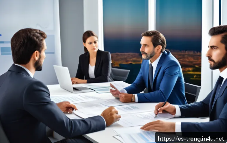 무역영어를 배우는 대학생을 위한 조언 - A professional business meeting scene in a modern Spanish office, showing a diverse group of adults ...
