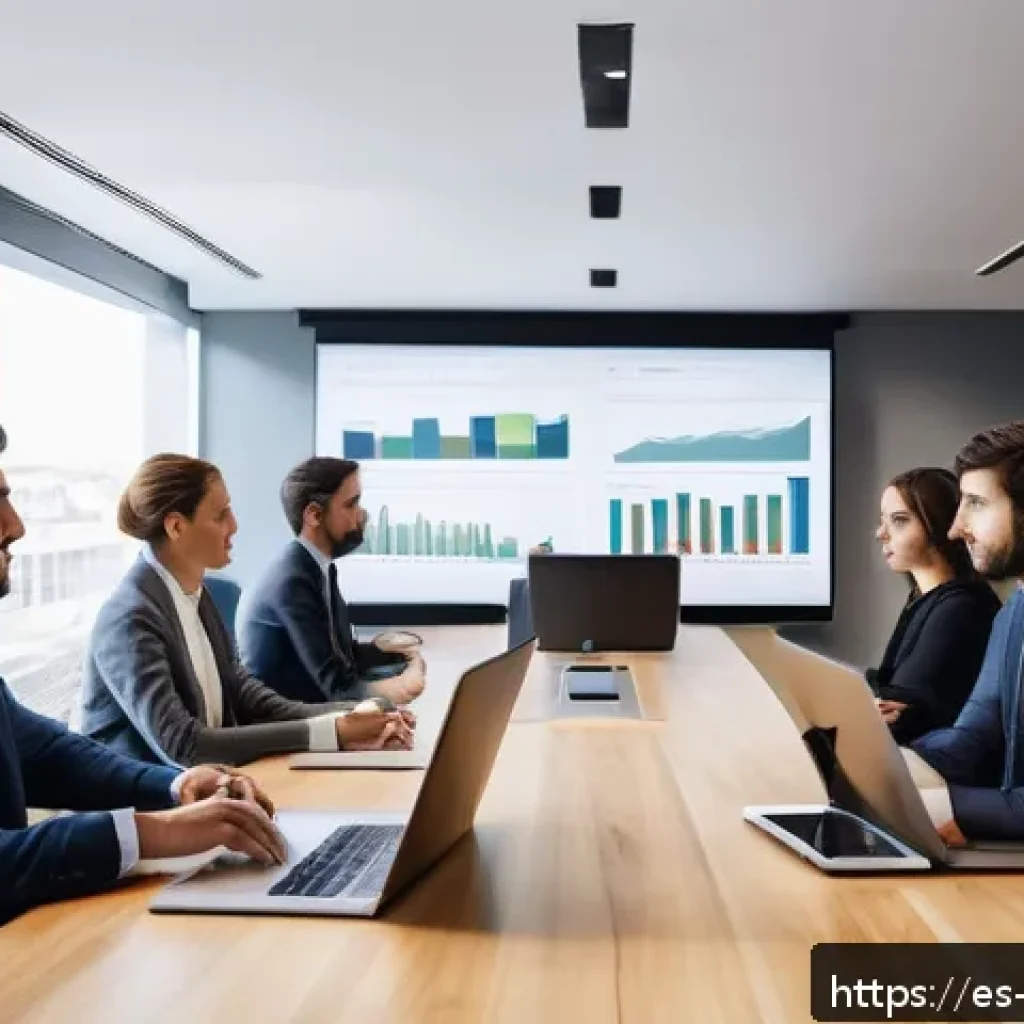 무역영어 학습법의 효율적 개선과 자료 활용 사례 연구 - A modern business meeting room in a sleek office setting in Madrid, Spain, featuring a diverse group...