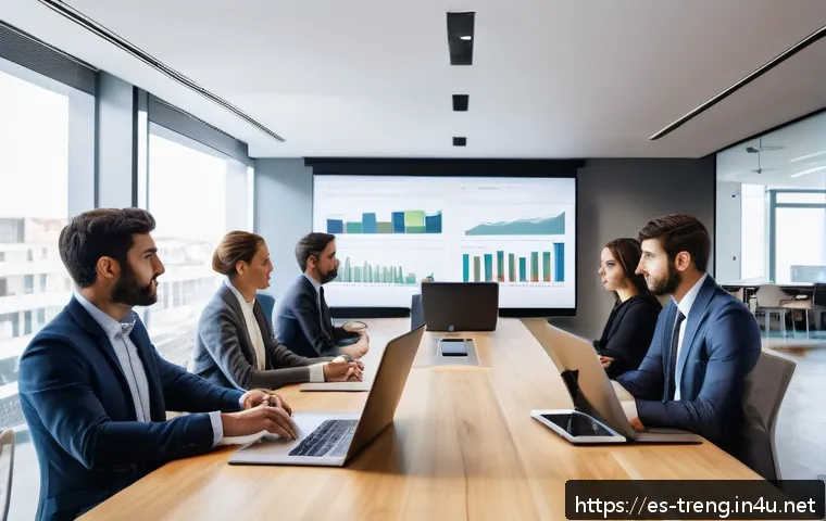 무역영어 학습법의 효율적 개선과 자료 활용 사례 연구 - A modern business meeting room in a sleek office setting in Madrid, Spain, featuring a diverse group...