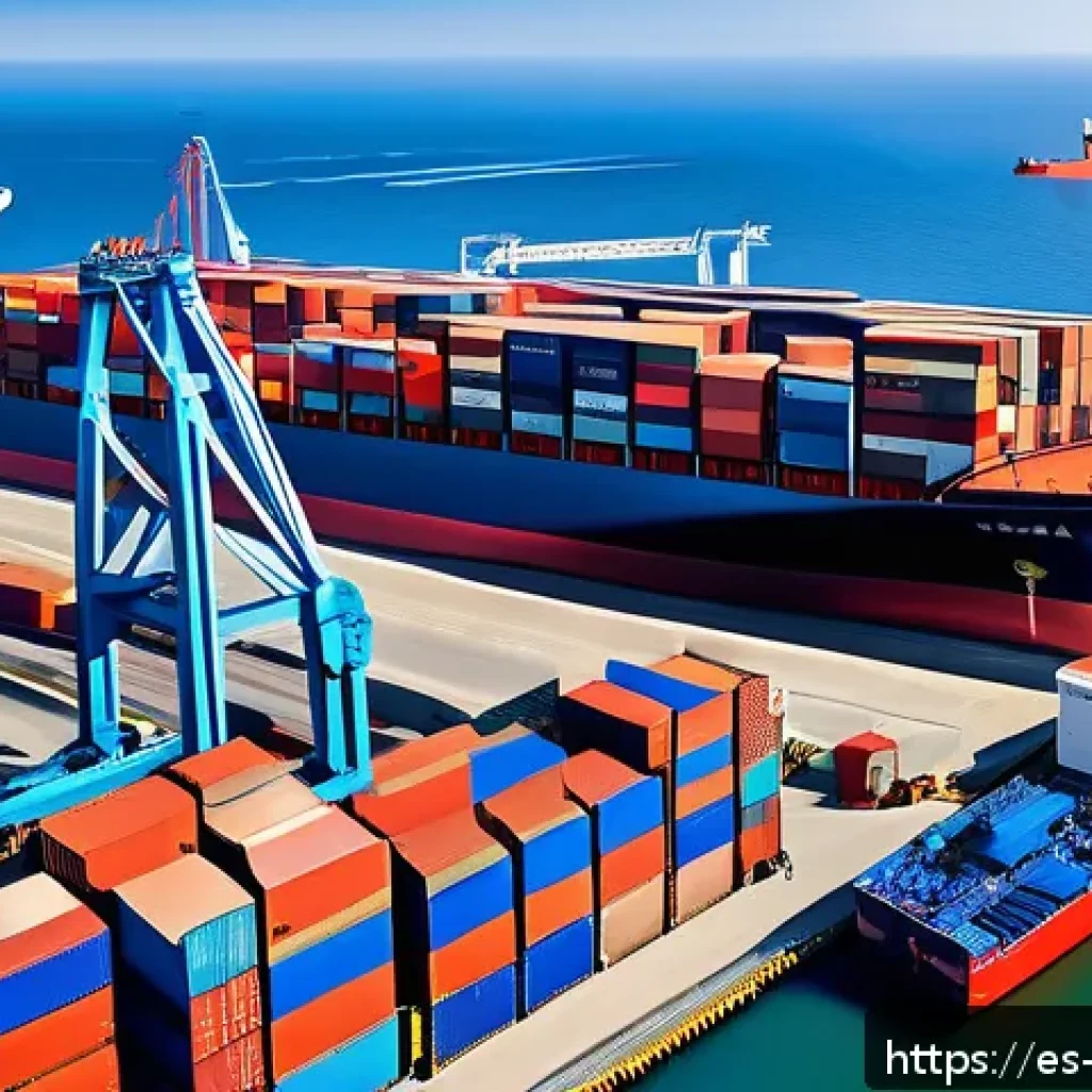 무역영어 시험 대비 필수 용어 사전 - A detailed and professional illustration of an international shipping scene showing a large cargo sh...