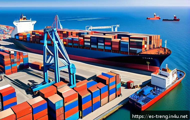 무역영어 시험 대비 필수 용어 사전 - A detailed and professional illustration of an international shipping scene showing a large cargo sh...
