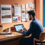 무역영어 실기시험 대비 주요 학습 전략 - A modern home office scene in a Spanish-speaking country, showing a young professional immersed in a...
