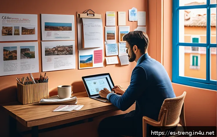 무역영어 실기시험 대비 주요 학습 전략 - A modern home office scene in a Spanish-speaking country, showing a young professional immersed in a...