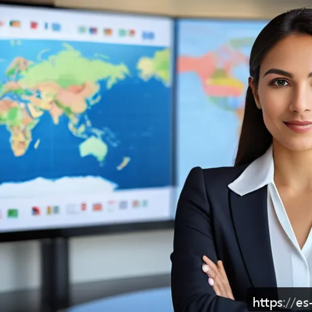 무역영어 자격증 취득 후 경력 개발 - A professional young Hispanic businesswoman confidently leading an international trade negotiation i...