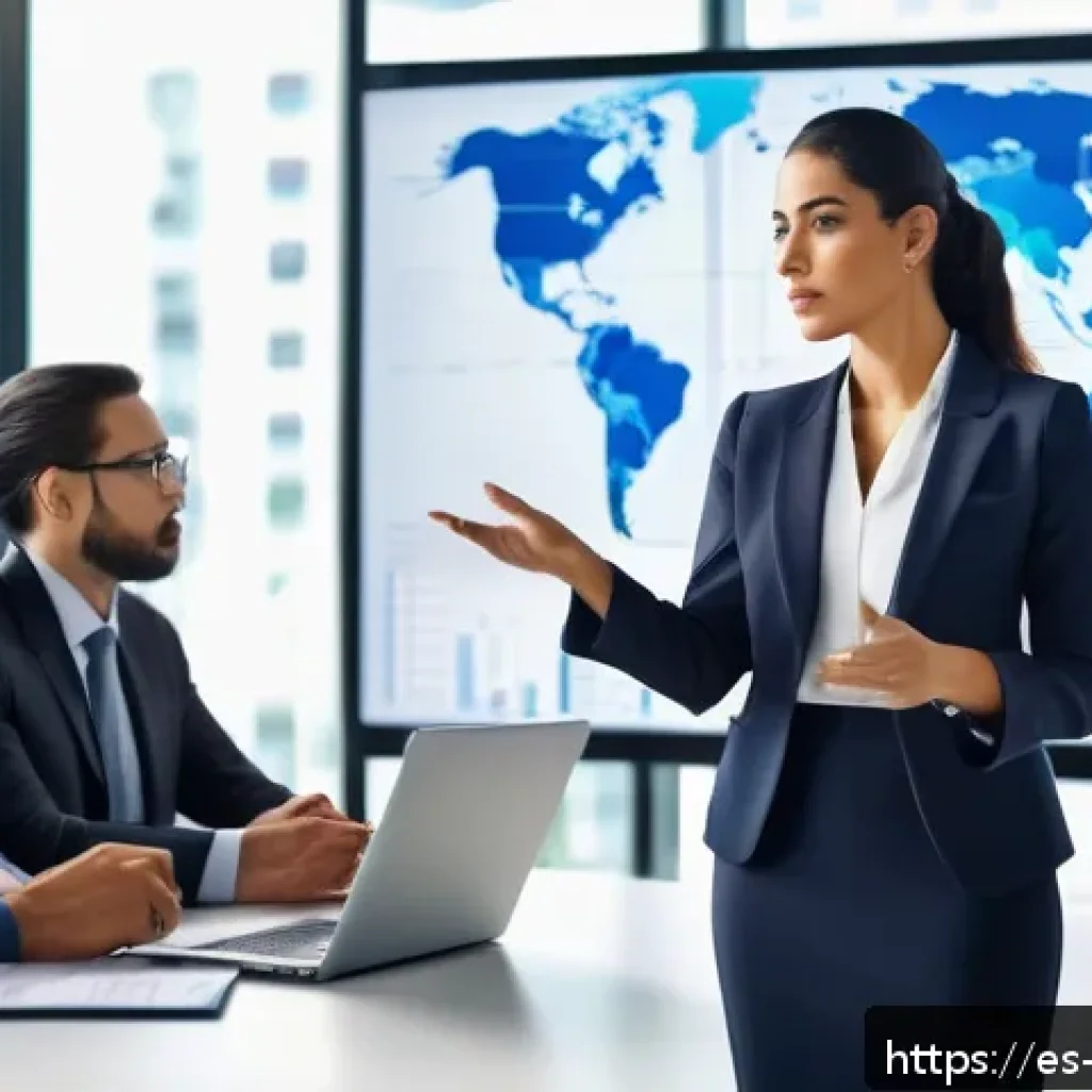 무역영어 자격증과 취업 경쟁력의 상관성 - A professional Hispanic businesswoman confidently giving a presentation in a modern office meeting r...