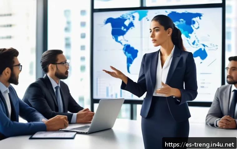 무역영어 자격증과 취업 경쟁력의 상관성 - A professional Hispanic businesswoman confidently giving a presentation in a modern office meeting r...
