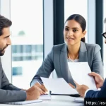 무역영어 필기시험과 실기시험의 학습 균형 - A professional business meeting scene set in a modern office with diverse international participants...