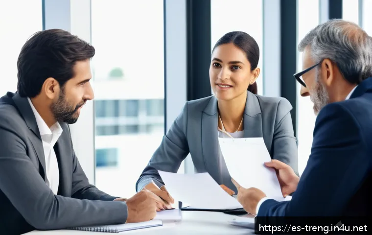 무역영어 필기시험과 실기시험의 학습 균형 - A professional business meeting scene set in a modern office with diverse international participants...