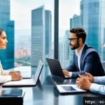 무역영어 자격증 취득 후 업무 적용 사례 - A professional international business meeting scene featuring a diverse group of Hispanic and Latin ...