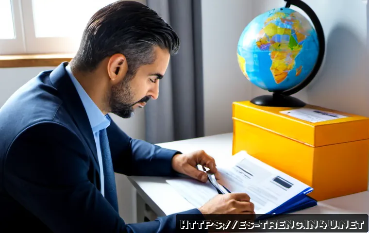 무역영어 자격증의 직무 경쟁력 분석 - Photorealistic Spanish-speaking trade professional in a bright modern office, confidently reviewing ...