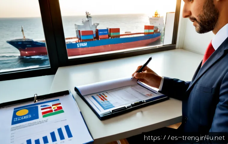 무역영어 자격증과 국제 무역법 활용 - Photorealistic international trade professional in a bright modern office in Madrid, Spain, reviewin...
